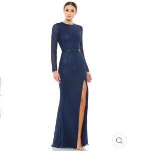 NWT Mac Duggal BEADED HIGH NECK LONG SLEEVE GOWN WITH DETAILED BELT Blue 10